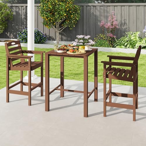 Image of Domi HDPE Adirondack Patio Table and Chairs Set of 3, Adirondack bar Height Outdoor Table and Chairs, All-Weather HDPE Outdoor Bar Set for Poolside, Patio, Backyard, Brown
