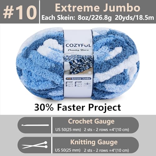 Image of Cozyful Chunky Yarn for Hand Knitting - #10 Chunky Chenille Blanket Yarn, Jumbo Big Thick Chunky Yarns for Crocheting, Tie Dye Bulky Knit Yarns, 8 Skein (20 yds 8 oz Each Skein), Sky&Navy&Royal&White
