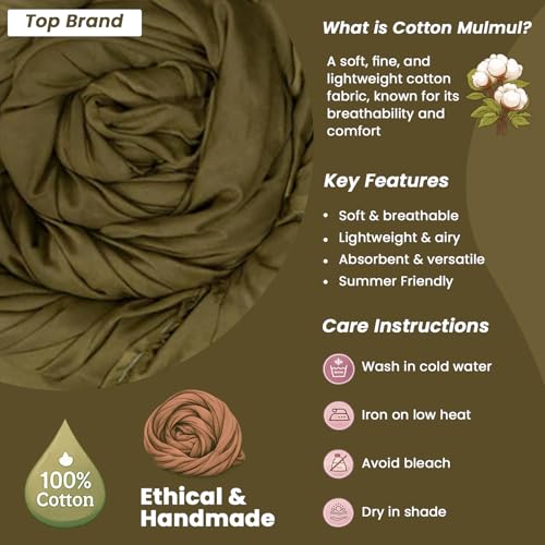Image of 100% Pure Cotton Mulmul Fabric Material | Reusable Ultra Fine Mulmul Fabric | Lightweight Soft Smooth Piece Linning, Stole, Dupatta, Cushion Pillow Cover (Khakhi Green, 1 Meter)