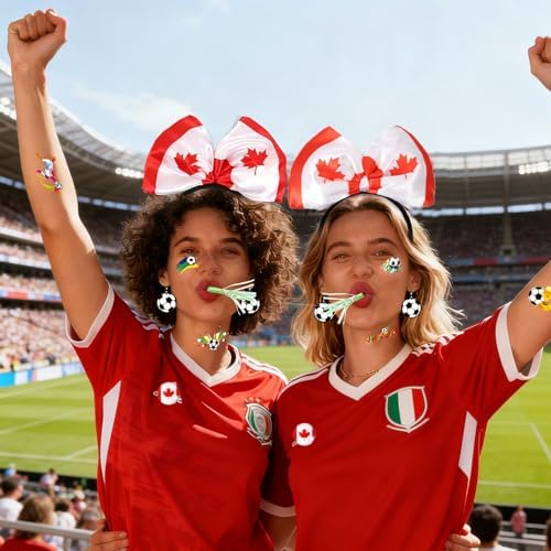 Canada Day Decorations Headband,2026 Soccer Fan Support Kit for Canada Fans,Patriotic Party Supplies Includes Tattoos Stickers Bracelets Earrings & Whistles for Game Day Photo Props