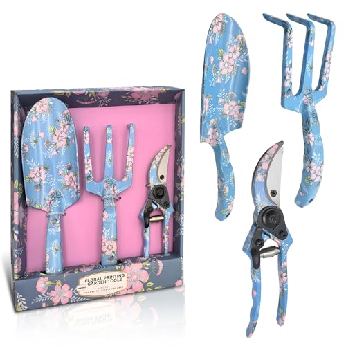 Evertools 3piece Printed Garden Tool Set, Heavy Duty Aluminum Gardening Tool Kits Including Hand Rake, Pruning Shear and Trowel for Indoor & Outdoor Use, Ergonomic Handle, Perfect Gardening Gift