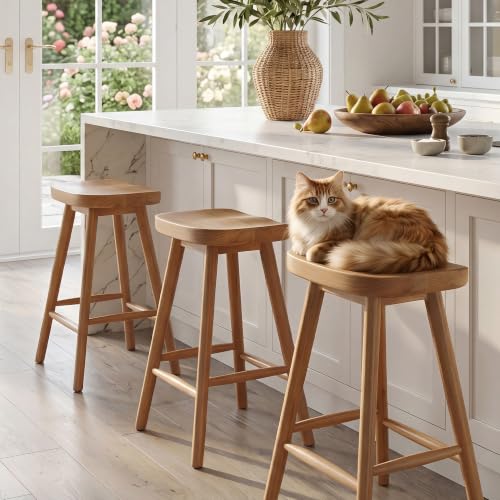 Image of HNY Backless Counter Height Bar Stools Set of 3, 24'' Modern Counter Stool Rustic Farmhouse Wooden Saddle Stools Ergonomic-Seat Barstool Chairs, Bar Height Stools for Kitchen Counter Island, Brown