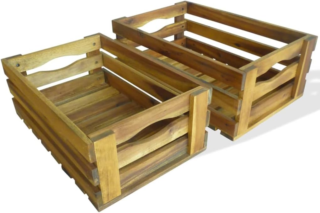 Apple Crate Set 2 Pieces Solid Acacia Wood Storage Boxes for Garden Rustic Display Shelves and Planters with Weather Resistant Oil Finish