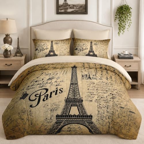 Pamnest Comforter Set Queen Size Paris Eiffel Tower 7 Pcs Bedding for Kids and Adults Love Retro Brown Bed Sheet Sets with Fitted Sheet 2 Pillowcases & 2 Shams for Bedroom Bed Decor