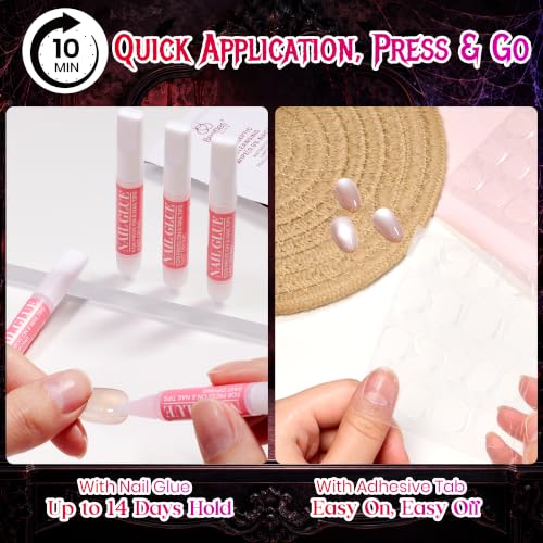 Image of Beetles Red Press On Nails Short Almond, Halloween Cat Eye Polka Dot | 32 PCS 16 Sizes False Nails, Glue & Adhesive Tabs Included, Salon-style Manicure in 10 Minutes, All-in-One Complete Kit