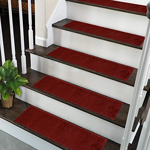 Sussexhome Solid Stair Treads - 100% Polypropylene Carpet Strips For Indoor Stairs - Easy To Install Runner Rugs W/ Double Adhesive Tape - Safe, Extra-Grip, Decorative Mats - 7-Pack - Red #TOP10