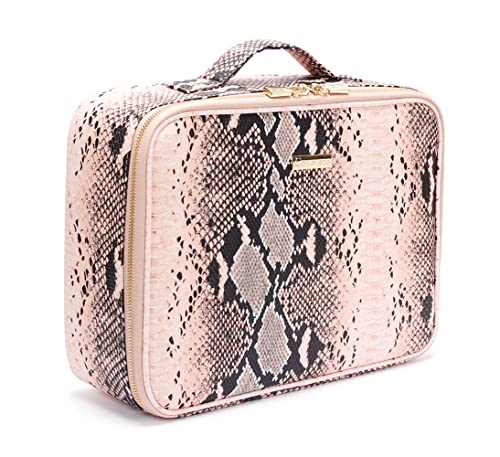 Rownyeon Snake Print Makeup Bag Organizer Makeup Travel Case Portable Cosmetic Makeup Train Case Storage Bag With Adjustable Dividers Cosmetic Bag For Women, Snake Embossed Pink Pu Leather Medium #TOP4