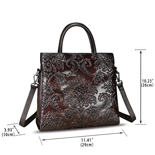 Image of Genuine Leather Satchel for Women Top Handle Handbag Handmade Embossed Vintage Satchel Crossbody Handbags Purse Bag