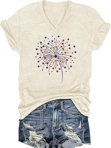 V Neck 4th of July for Women Casual American Flag USA Graphic Patriotic T-Shirt Memorial Tops Party Tee(A-beige02,Small)