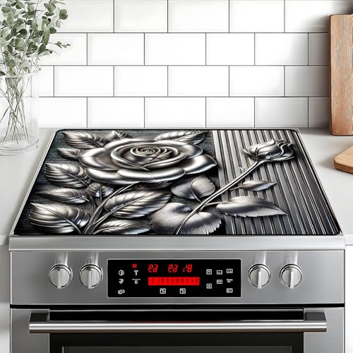 Image of Silver Rose Stove Top Cover Retro Flower Gas Stove Top Cover for Home Decoration Kitchen Pad Non-Stick Washable Cooktop Covers Countertop Protector Keep Stove Clean 28 inchx20 inch
