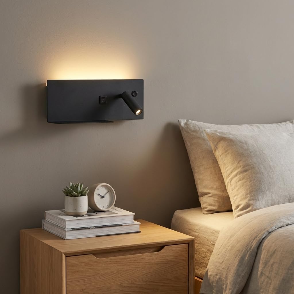 Alpinaluz Applique da Parete Moderno Nero Opaco con Faretto Destro, Luce Calda 2700K, Porta di Ricarica USB-C e USB-A, Luce Ambientale con Diffusore in Acrilico, Supporto per Cellulare e Due