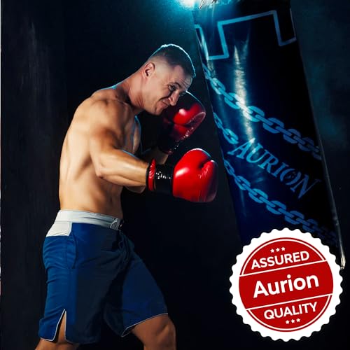 Image of Aurion by 10Club 3 Feet Synthetic Leather Filled Punching Bag Combo | Boxing Punching Bag with Boxing Gloves 12Oz & Hanging Chain | Boxing | MMA | Kickboxing |Taekwondo - Black 3 Feet /36 Inches