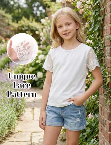 Image of Noomelfish Girls Lace Short Sleeve T-Shirts Kids Summer Cute Tops Blouse(5-12 Years)