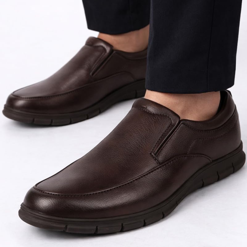Image of FAUSTO Men Premium Finish Round Toe Formal Slip-On Shoes | Comfort Office Loafers with Memory Cushioned Insole | Broad Feet Ultra Lightweight Anti-Skid Sole