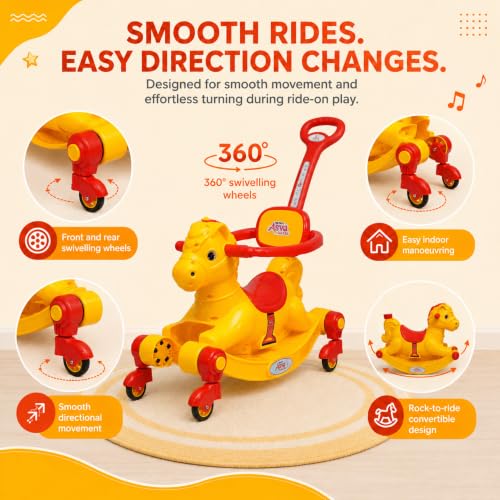 Image of 3 in 1 Baby Horse Rider for Kids 1-5 Years with Parent Handle, Rocking Horse, Ride On Toy, 360 Safety Guard, Music, Swivel Wheels, Backrest, Baby Ride On for Boys & Girls (Yellow)