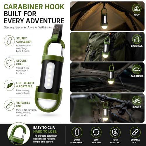 Image of Mini LED Flashlight with Carabiner Clip - Rechargeable Magnetic Work Light with Side COB Lamp, Waterproof Pocket Torch for Camping, Hiking, Travel & Emergency Use (Green-Black)