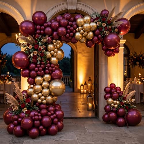 Image of 150PCS Burgundy Balloons Garland Arch Kit, Different Sizes (18 /12 /10 /5 Inch) Dark Red Maroon Matte Latex Balloon Set for Anniversary, Wedding, Birthday Party Decorations