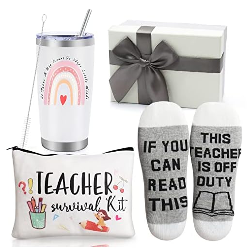 Best Teacher Appreciation Gifts,20 OZ Insulated Tumbler for Women Teacher,Unique Gift Ideas from Students - Funny Socks Thank You Basket Box for New Teachers,Christmas Gifts for Teachers