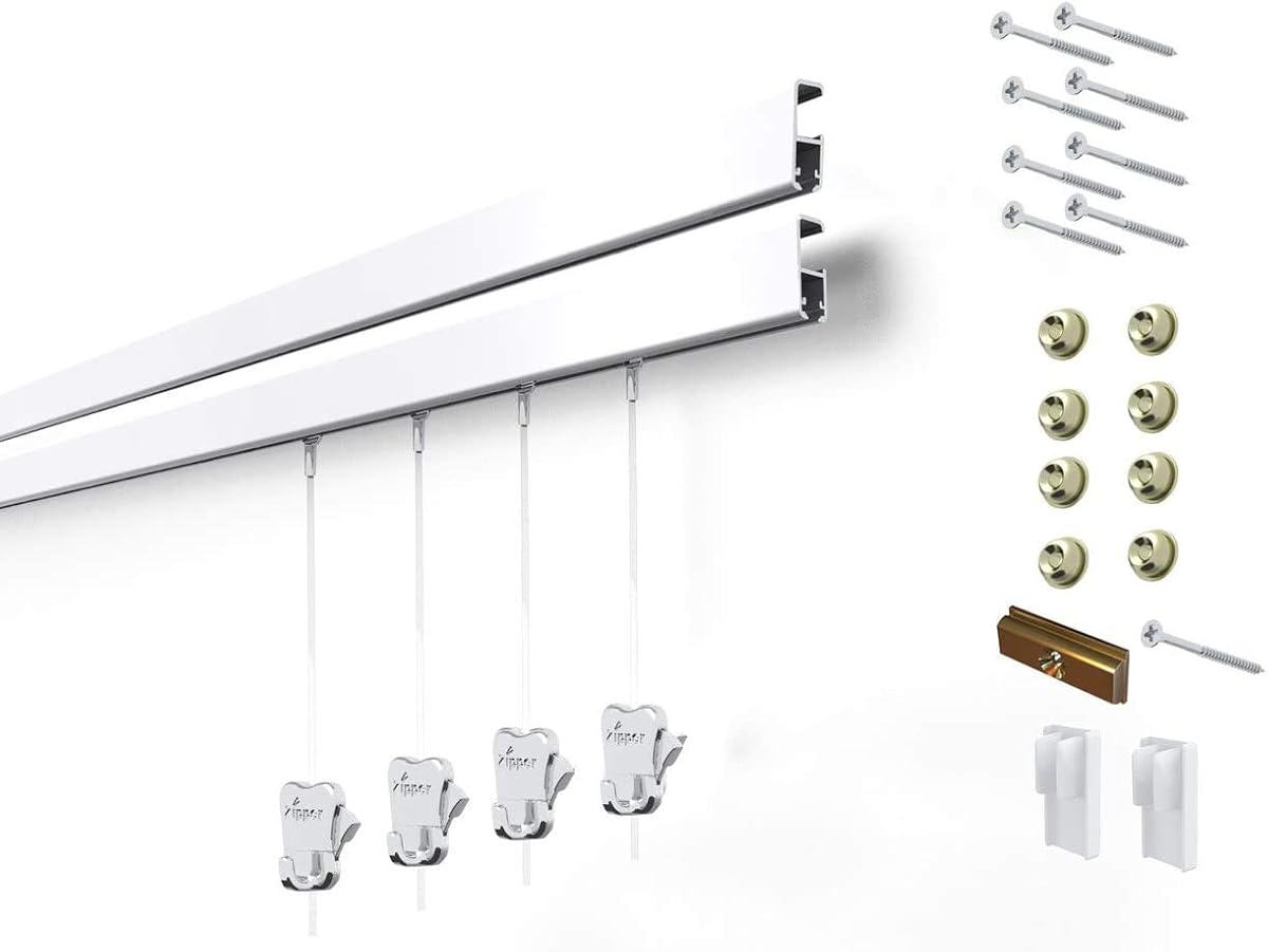 STAS Cliprail Pro Picture Hanging System Set White - Covers 9.84 ft of Wall Space - Heavy Duty Picture Rail & Art Hanging Gallery Kit Without Nails - for Home or Museum (Includes 4 Hooks & Cords)
