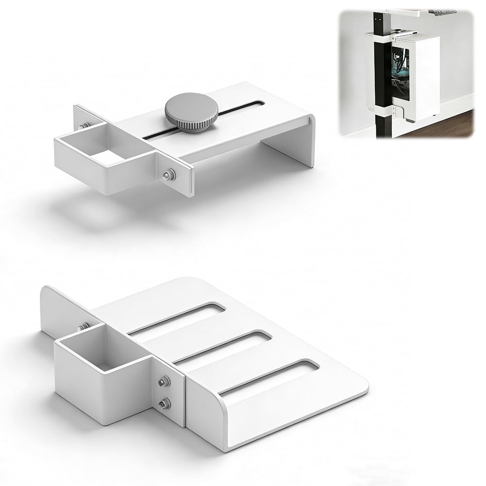 Supporto per PC sotto la scrivania senza fori, portata 20 kg, supporto per computer regolabile, adatto per gambe del tavolo da 65 x 45 mm, supporto per computer per tavoli alti (bianco)