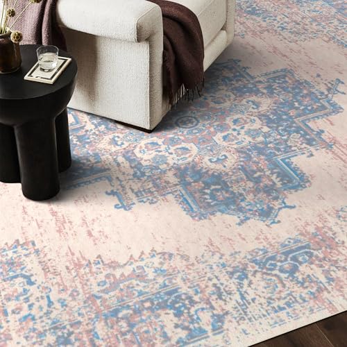 vivorug 9x12 Area Rugs for Living Room, Non Slip Machine Washable Vintage Pink Rug, Ultra-Thin Lightweight Large Area Rug for Bedroom, Dining Room, Low Pile Rug