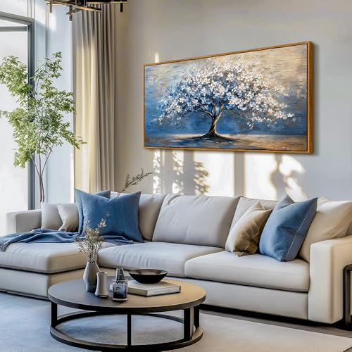 SERIMINO Tree of Life Wall Art, Framed Wall Art Large Artwork, Cherry Blossom Tree Abstract Paintings Prints, Nature Canvas Art Wall Decor, Blue Neutral Pictures for Living Room Bedroom Office 30"X60"
