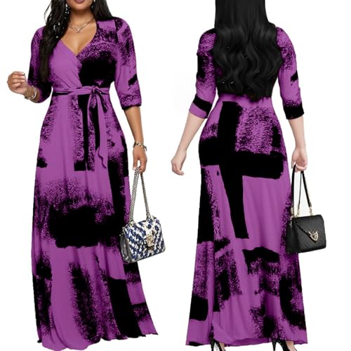 Image of Women's Church Maxi Wrap V Neck 3 /4 Sleeve Tie Waist Plus Size Long Dress | Flattering wrap V-neck design enhances curves. High elastic tie waist accentuates the slimmest part, hides tummy.