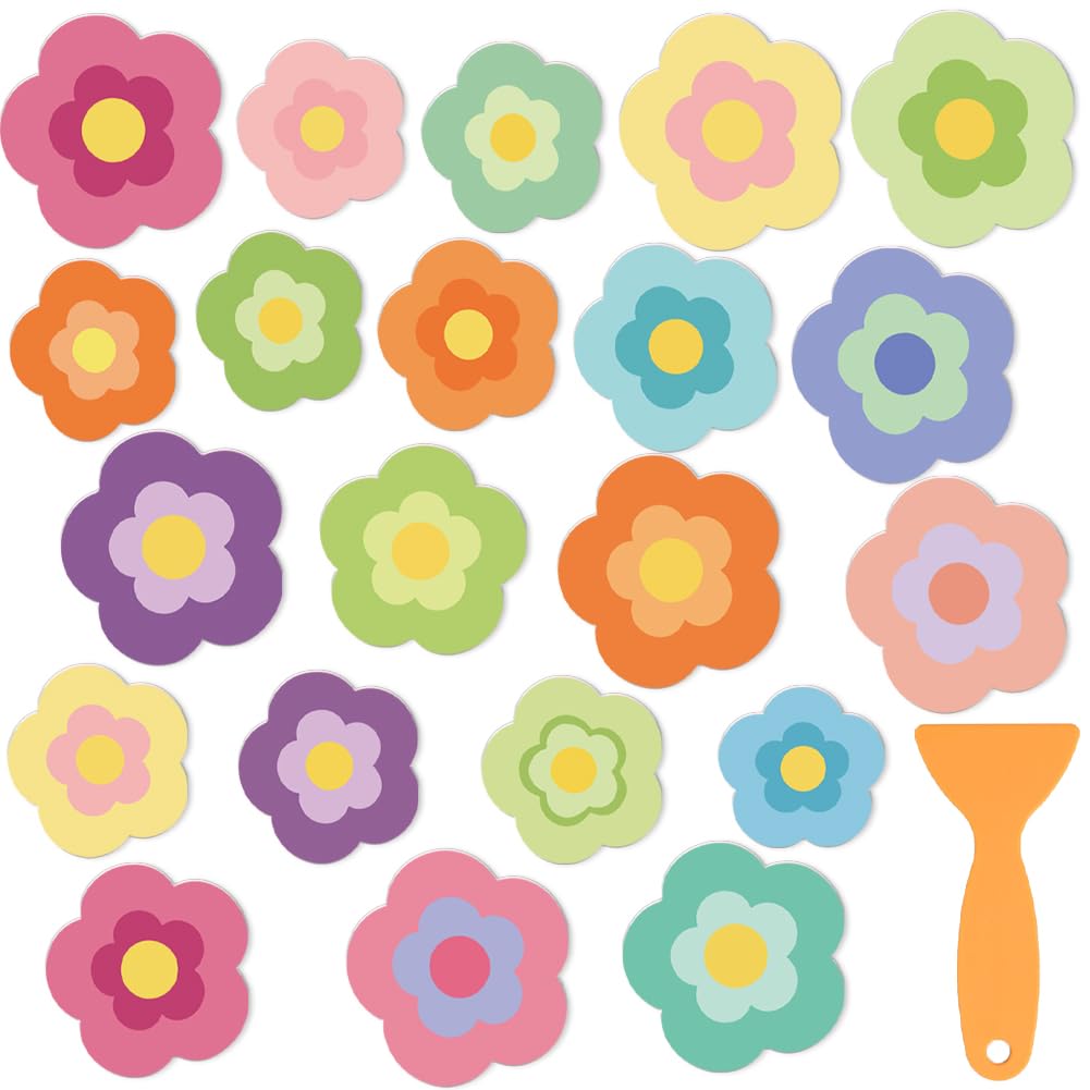 PRESSINART 21Pcs 21 Colors Flowers Shower Bathtub Stickers, Bathroom Non Slip Stickers Peel and Stick Colorful Daisy Flowers Self Adhesive Safety Grips with Scraper for Tub Tiles Bathroom Home Decor