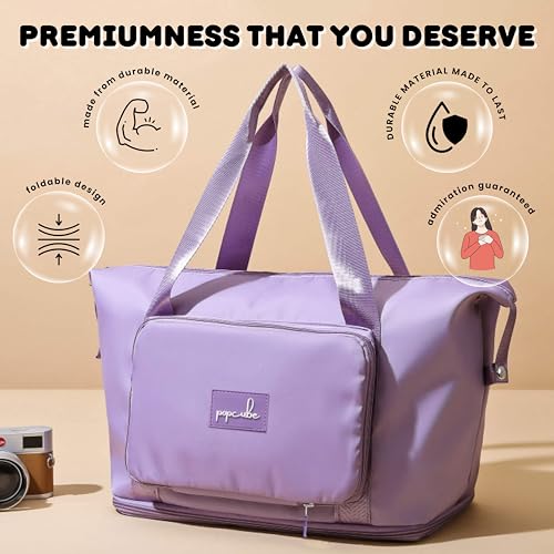 Image of POPCUBE Premium Foldable Duffle Bag for Travel for Women-Folding Bags for Travelling-Travel Bag for Women-Multipurpose Foldable Bags for Travelling. (Style 1, Purple)