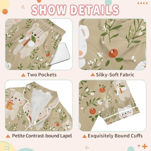 senya Bear Present with Flower Satin Summer Pajama Sets Silk Short Sleeve Button Down Sleepwear3
