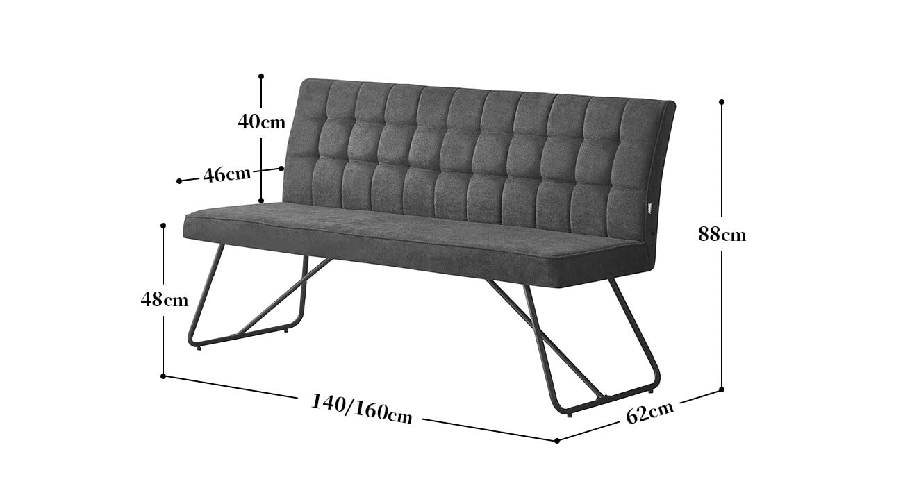 B&D home Sitzbank LINA, Esszimmerbank 140 cm mit Rückenlehne gepolstert für Esszimmer, Flur, Garderobe mit Metallgestell, Industrial modern Design, Anthrazit, 11311-140-ANTR (140 cm)