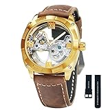 Caluxe Orologio da uomo con scheletro dorato e cinturino in pelle di vitello impermeabile meccanico automatico, Oro, Orologio a scheletro, meccanico