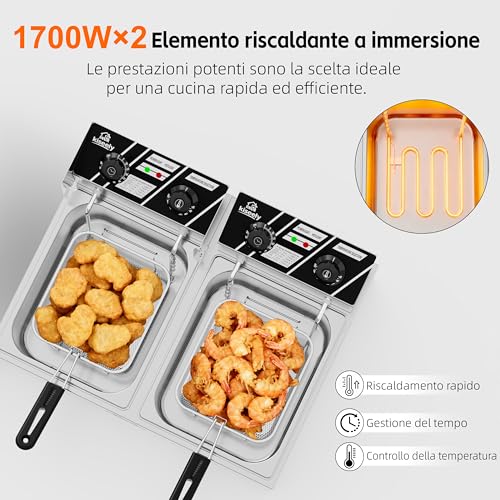 Friggitrice Elettrica Da 20 Litri, Friggitrice Commerciale Da 3500W Con Cestelli, Friggitrice A Doppia Vasca In Acciaio Inossidabile Con Controllo Del Tempo E Della Temperatura (Double Fryer 20L) - 3