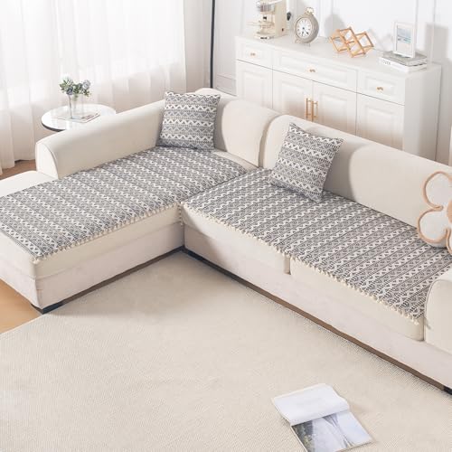 Image of HOKIPO L Shape (3+2 Seater) Sofa Cover Seat Mat | 300 GSM Cotton Acrylic Jacquard Fabric with Tassel, 'Trivana Series' Charcoal Black (IN-936+935-J6)
