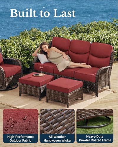 HILLGA Luxury Patio Furniture Set with 6-inch Thick Cushion, Outdoor Couch and High Back Swivel Rocker Patio Chairs, 10PCS Wicker Conversation Set for Deck Yard and Poolside, Burgundy (V2)