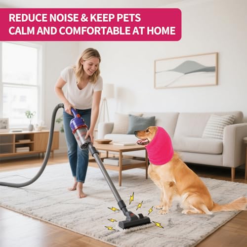 Image of Dog Calming Hoodie Cat Anxiety Relief Cover,Double Layer Thickened Pet Ears Protector Soft Elastic Neck Band Noise Cancelling Ear Muffs for Grooming,Force Drying,Bath,Fireworks (Pink, Large)