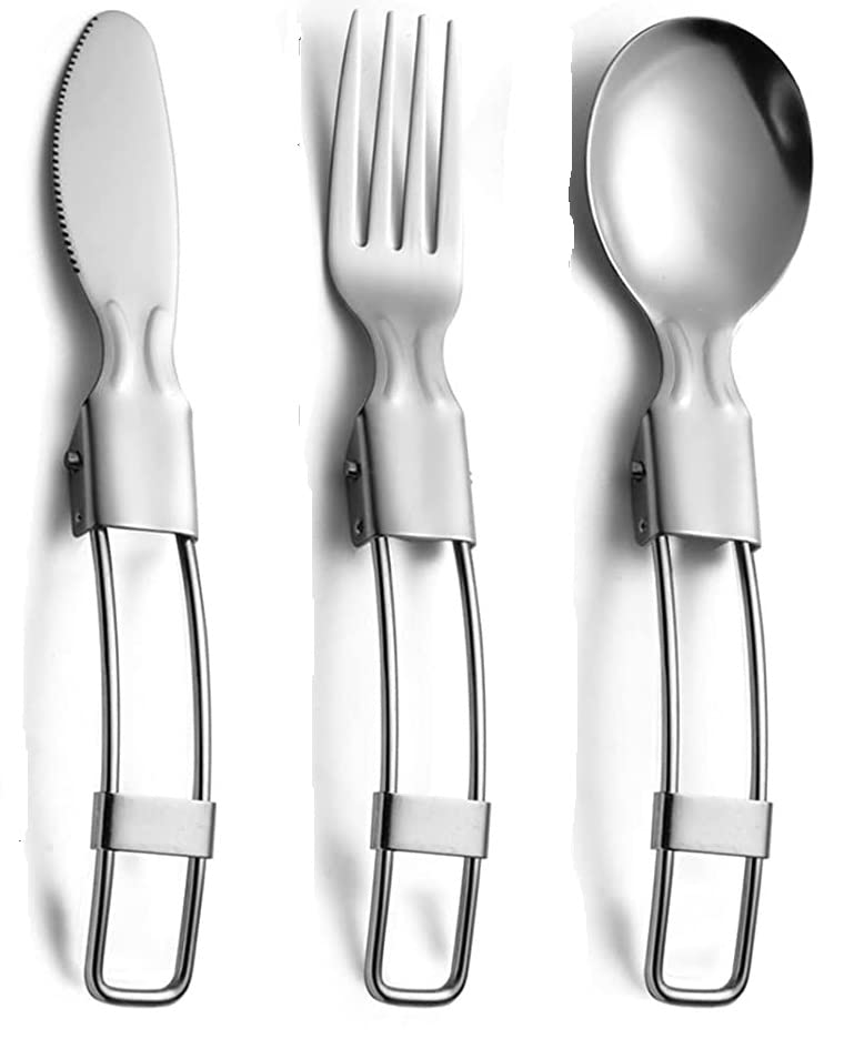 Ash & Roh® Titanium Folding Utensil Set – Fork Knife Spoon Foldable Metal Silverware Utensils for Camping, Backpacking, Hiking (Set 1 (3 Pcs))