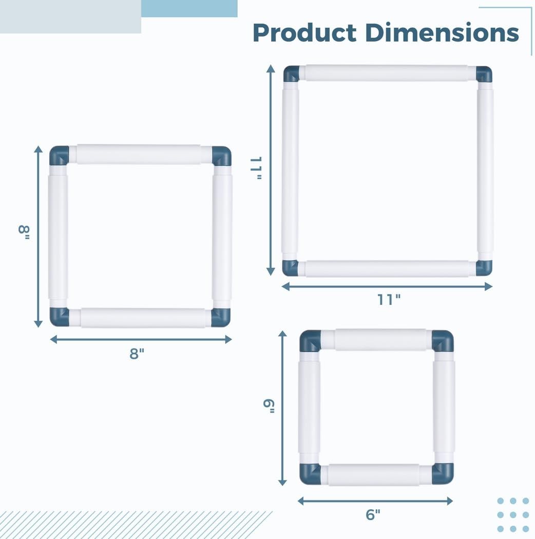 3 Square Embroidery Clip Frames for DIY Sewing, Cross Stitch & Quilting, Plastic Snap Hoop Set (6X6, 8X8, 11X11)