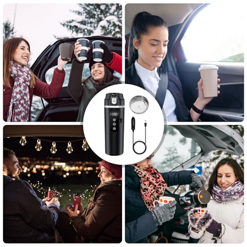 Auto Reise Elektrischer Wasserkocher, DC 12V/24V Auto Wasserkocher, Reisewasserkocher Klein, Mini Wasserkocher mit LCD-Anzeige, Auto Heizbecher aus Edelstahl mit Temperaturregelung für Lkw Camping