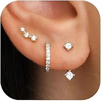 JUNVirtuous 925 Sterling Silver Hypoallergenic Earrings for Women - 3 Pair CZ Dainty Hoop Stud Set for Multiple Piercings