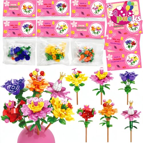 WODMAZ Valentines Day Cards with Bouquet Building Blocks, 24 Packs Romantic Flower Toys Valentines Day Gifts for Kids School Classroom Exchange, Valentine Party Favor, Valentine's Greeting Cards