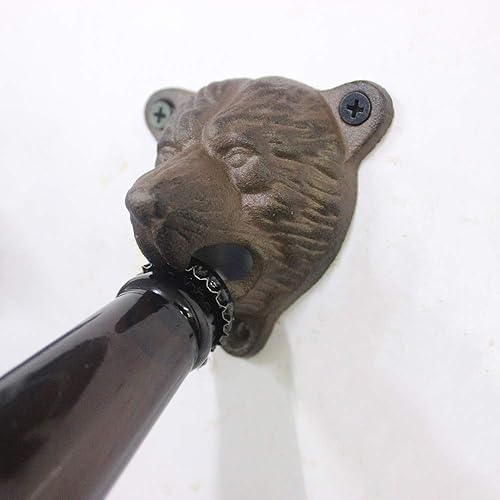 Miniatura 9 de Luwanburg Abridor de botellas de cerveza de hierro fundido con cabeza de oso negro para colgar en la pared, dientes Grizzly para decoración de