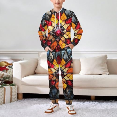 Boy's Girl's Hooded Tracksuit Pullover Sweatshirt Jogging Pants Sweatsuit, Southwest Tribal Native Stained Glass3