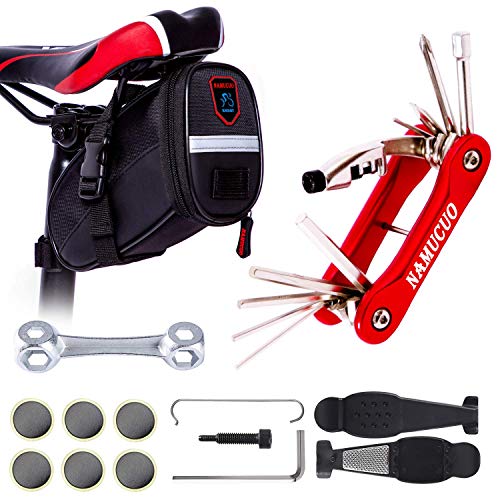 YBEKI NAMUCUO Bike Repair Tool Kits - Bicycle Tool Set with Saddle Bag and Bicycle Multi-Tool Chain Tool (red Tool Kits 10 in 1 + Bag)