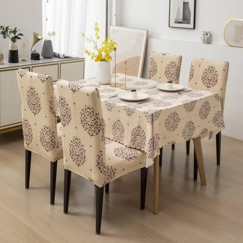 Image of Styleys Dining Chair Cover with Table Covers for Kitchen Waterproof Dining Table Cloth (1 Table Cover + 6 Chair Cover, Cream Brocade, CTSD3132)
