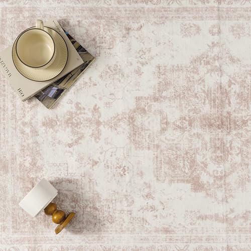 Area Rug 5x7 Washable Pink Rug Vintage Boho Medallion Large Distressed Retro Carpet for Living Room Non Slip Indoor Low Pile Small Soft Bedroom Dining Room Home Office