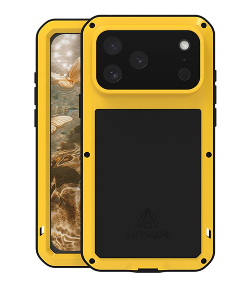 LOVE MEI Custodia in metallo per iPhone 17 Pro Max, resistente agli urti, antipolvere, in alluminio, in metallo militare, con vetro temperato per iPhone 17 Pro Max (giallo)