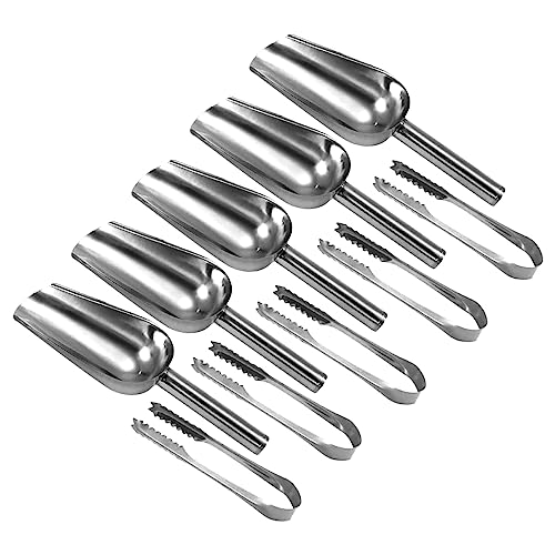 5 x dulce de cuchara de 8' y 5 x hielo de pinzas de 6' acero inoxidable para servir alimentos, para supermercado, dulces, café, cubitos de hielo, cocina, boda (10 unidades)