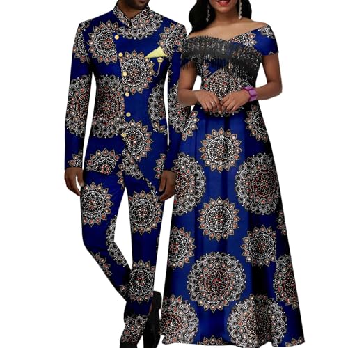 African Couple Matching Clothes Dashiki Women Print Tassel Dress Men Suits Jacket and Pant Sets for Party