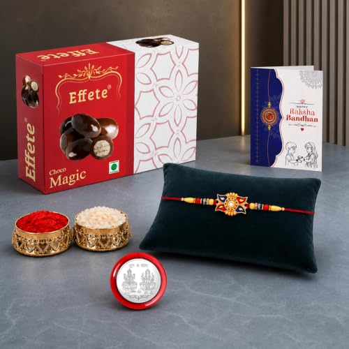 Image of DeoDap Rakhi Gift Hamper for Brother | Traditional Designer Rakhi with Crispy Choco Bites, Roli Chawal, Shagun Coin & Greeting Card | Raksha Bandhan Gift Combo